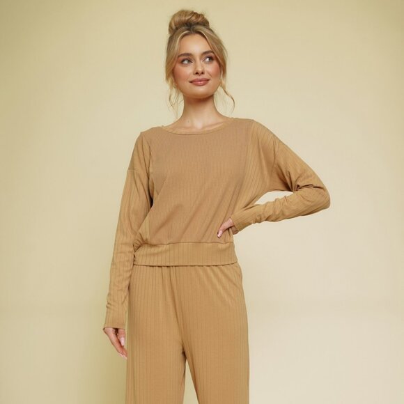 MYSTREE Camel Ribbed Knit Top, Long Sleeve Top Minimalist - Picture 6 of 7
